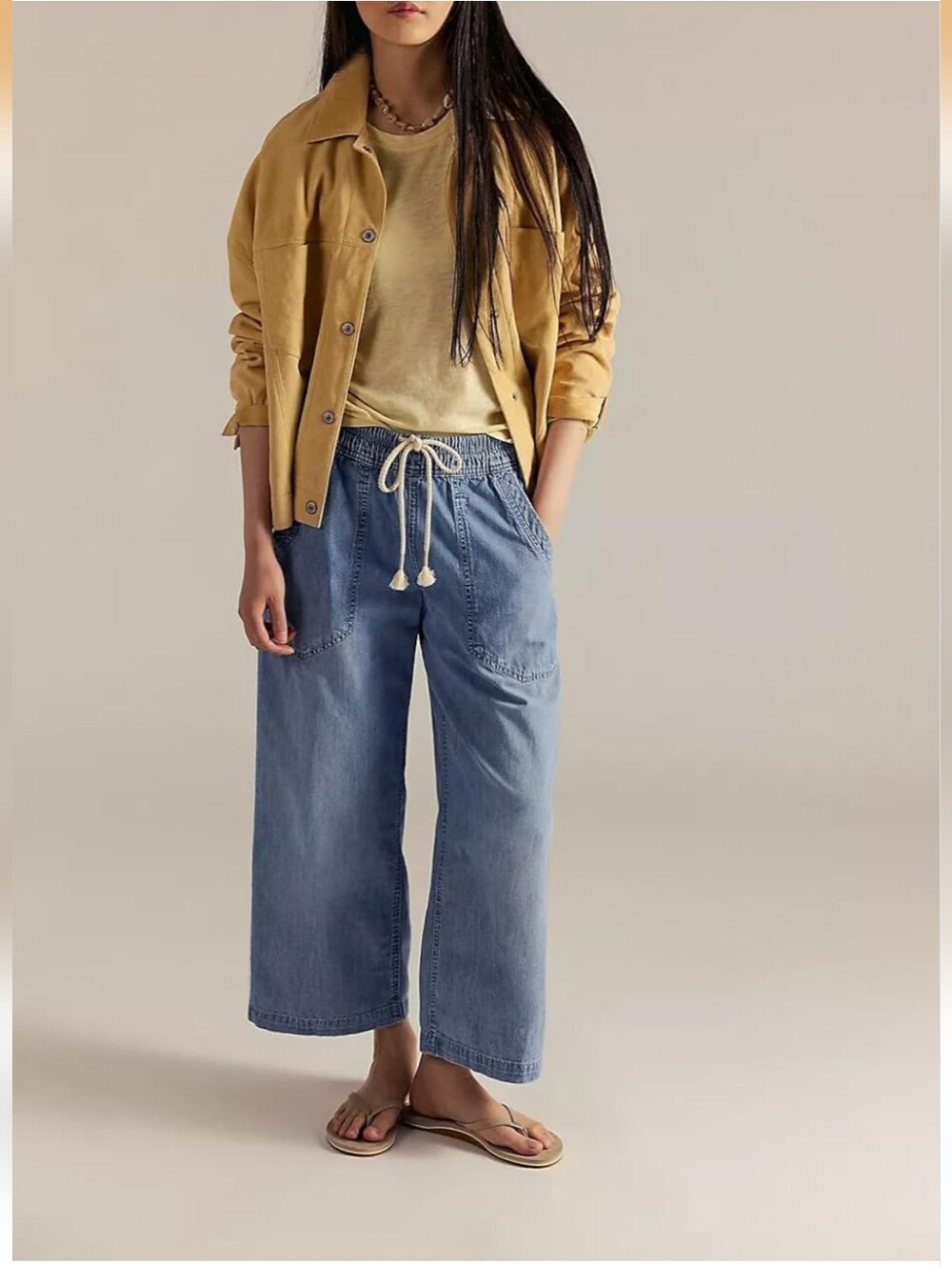 Wide-Leg Drawstring Women Jeans in Light Blue